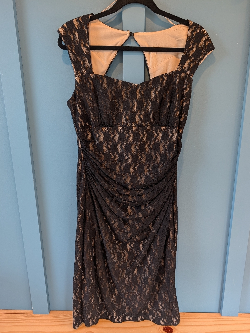 London Style Black Lace Midi Dress with Nude Underlay